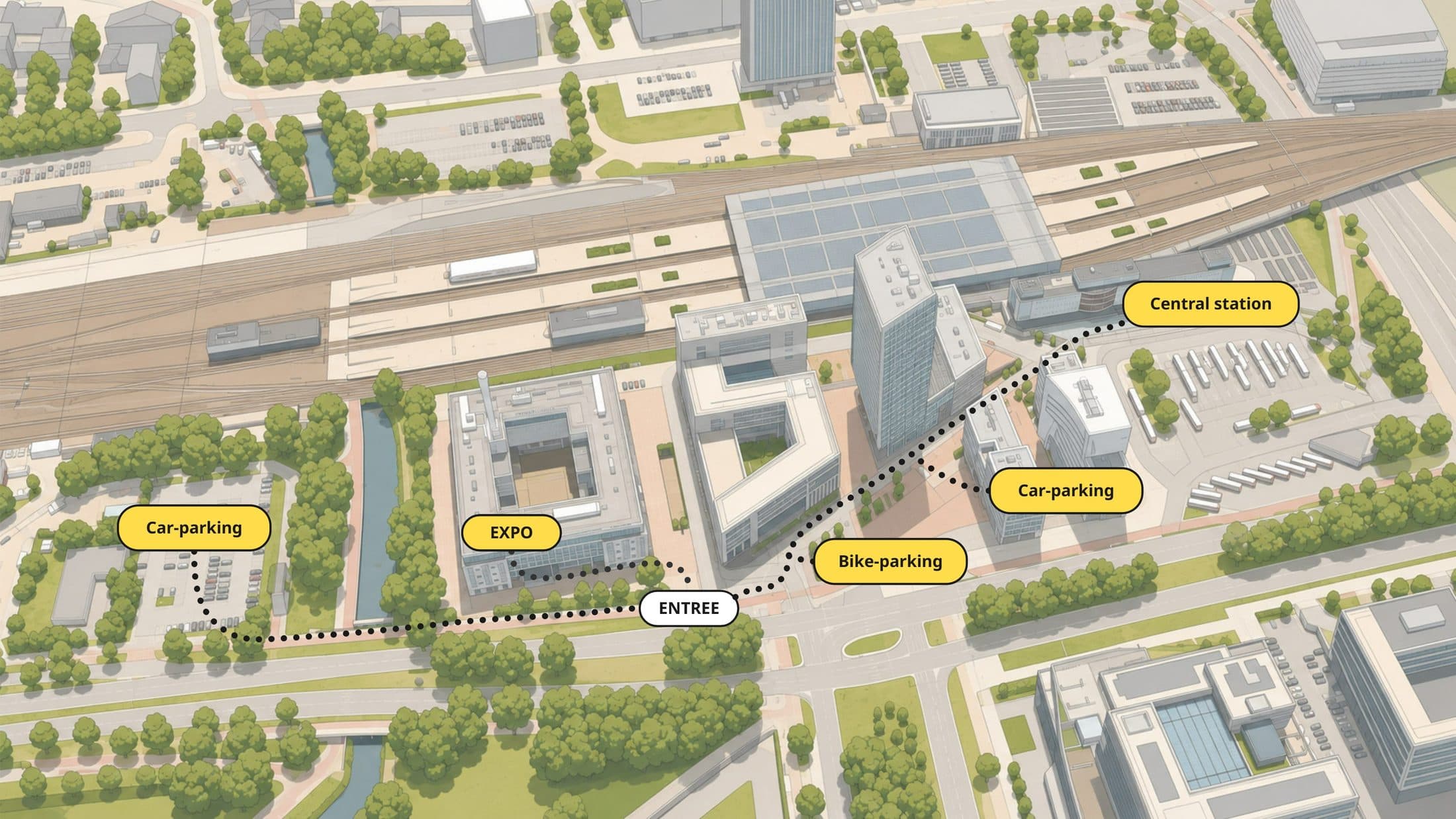 Area map: entrance and expo on Doctor Dorgelolaan, with parking, bicycle parking and Central Station within walking distance